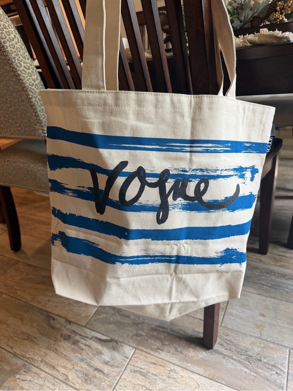 Vogue Canvas Tote Bag in Natural and Blue NWNT